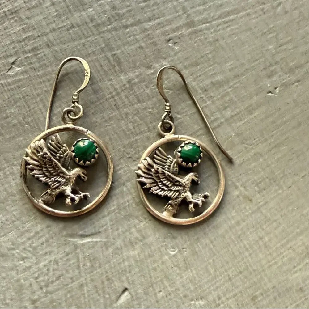 925 Sterling Silver Malachite Eagle Earrings - Picture 4 of 7
